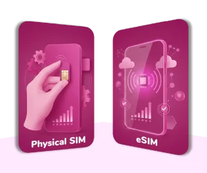 Illustration comparing a hand inserting a physical SIM card into a phone versus a digital eSIM chip icon