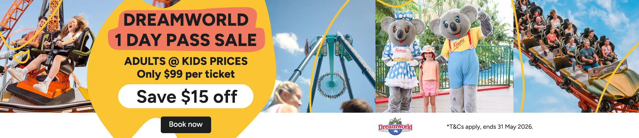 Dreamworld 1 day pass sale with buy 3 get 1 free offer adults at kids prices theme park rides and family enjoying attractions