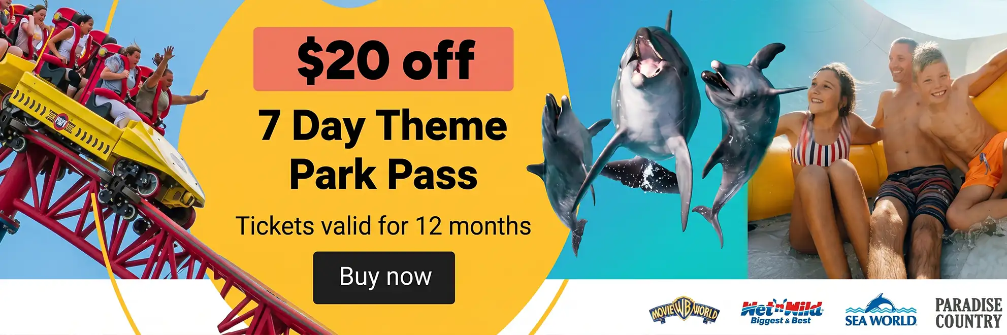 Dreamworld 1 Day Pass Sale on mobile buy 3 get 1 free tickets with roller coaster and family ride visuals