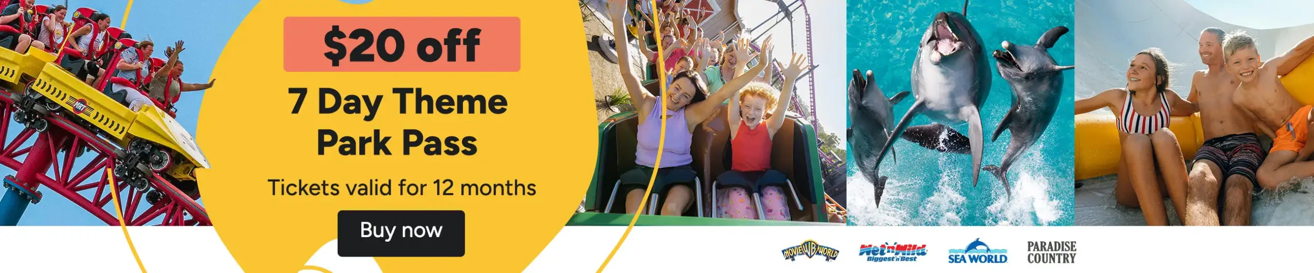 Dreamworld 1 day pass sale with buy 3 get 1 free offer adults at kids prices theme park rides and family enjoying attractions