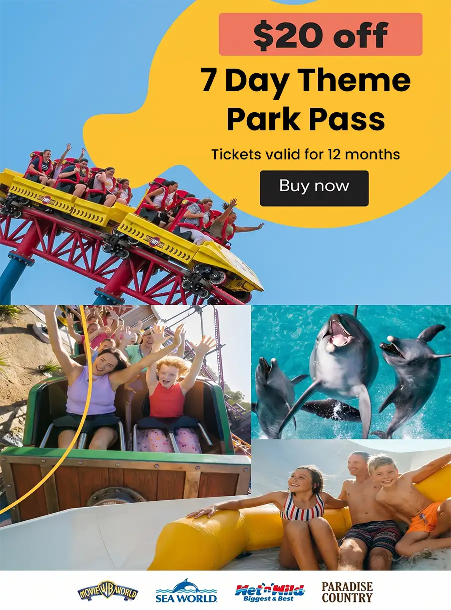 Dreamworld 1 Day Pass Sale on mobile buy 3 get 1 free tickets with roller coaster and family ride visuals for mobile device viewport