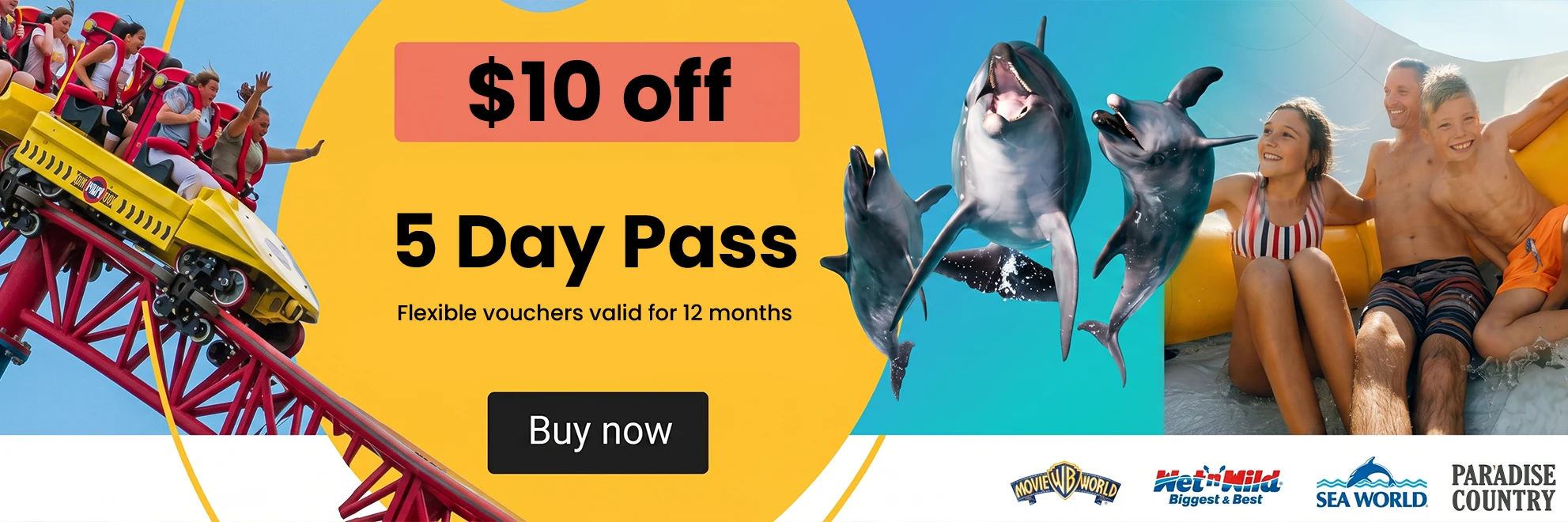 People enjoying rollercoasters dolphins swimming and a family on a water slide for a 5 day Gold Coast holiday pass