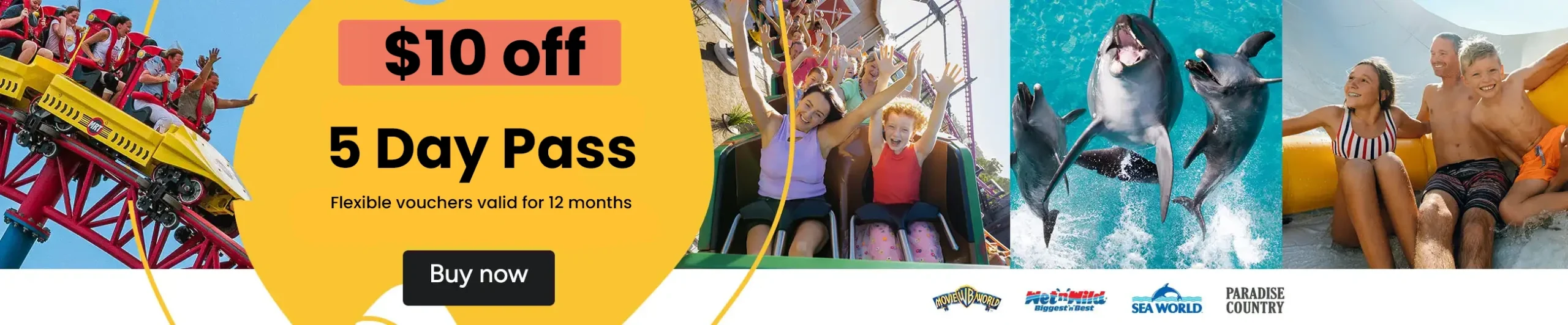 Family enjoying Gold Coast theme parks with a 5 Day Pass featuring rides dolphins and water attractions