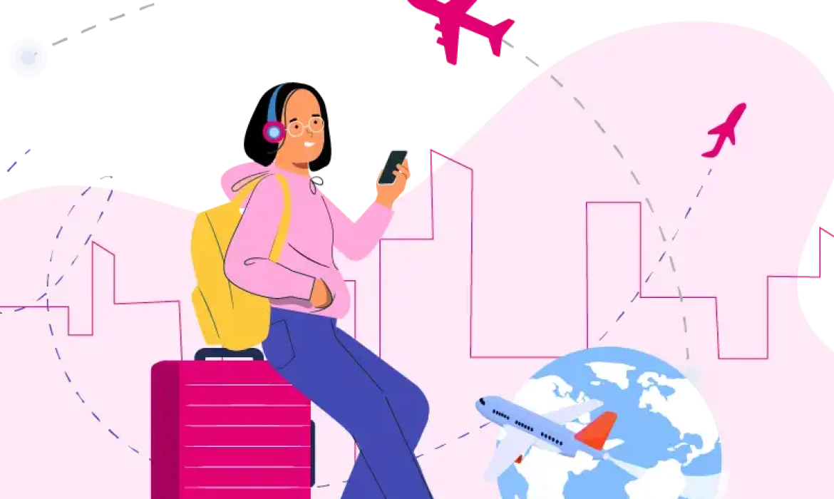 Traveler using a smartphone with mobile data roaming and eSIM connectivity while traveling overseas.