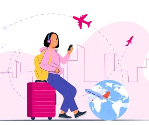 Traveler using a smartphone with mobile data roaming and eSIM connectivity while traveling overseas