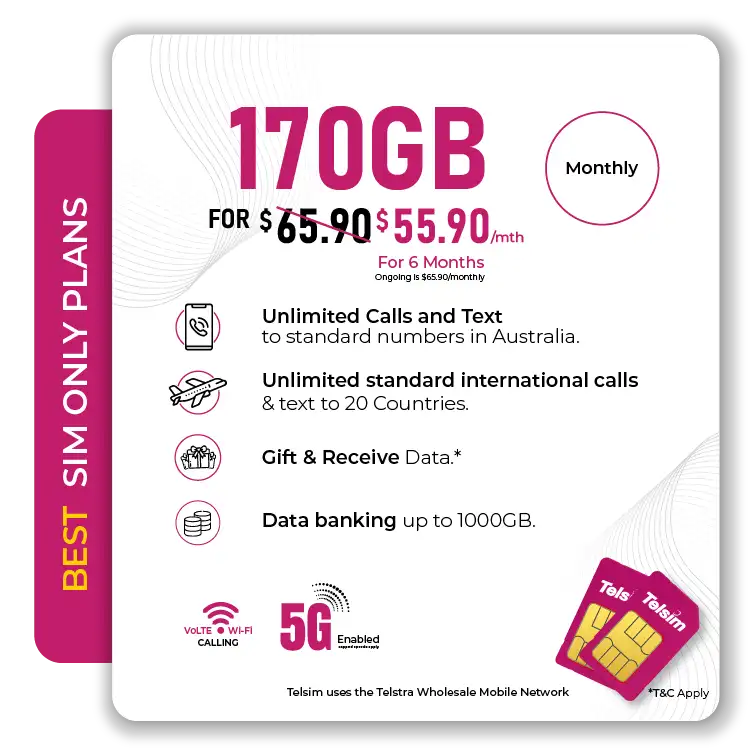 Telsim 170GB 5G Premium SIM Only Mobile Plan Monthly - Telsim Get the best value with Telsims 170GB 5G Premium SIM Only Mobile Plan for $5590 Includes Data Bank and unlimited calls texts to Australia and 20 countries