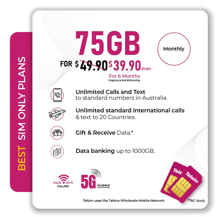 Telsim 75GB 5G Basic SIM Only Mobile Plan Monthly - Telsim Telsim 75GB 5G for $3990 monthly Basic SIM Only Mobile Plan with international calls and text to 20 countries and 1000 GB data bank