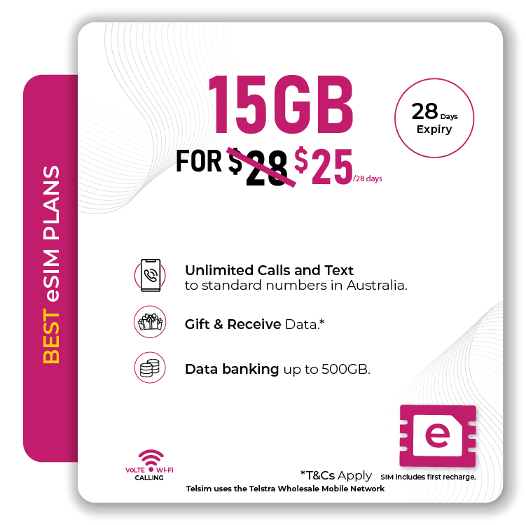 Telsim eSIM 15GB Prepaid Plan Unlimited Calls Texts Volte Wi Fi Calling Data Bank Up To 500GB