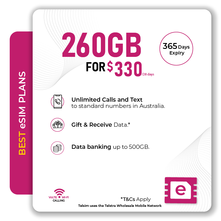 Telsim 260GB Prepaid eSIM Plan 365 Days Validity Unlimited Calls Texts Data Bank Volte