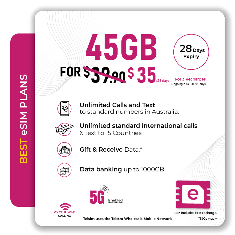 Telsim eSIM Prepaid 45GB Plan Best Value - Telsim Telsim Best 140GB Prepaid eSIM Plan 140GB On First 3 Recharges Unlimited Calls Texts 5G Enabled Data Bank