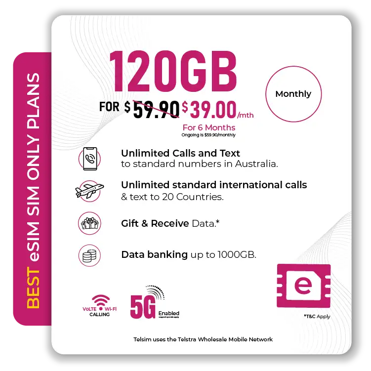 Telsim 120GB 5G eSIM Advance SIM Only Plan - Telsim Telsim 120GB 5G Advanced eSIM SIM Only Plan with unlimited international calls for $3900