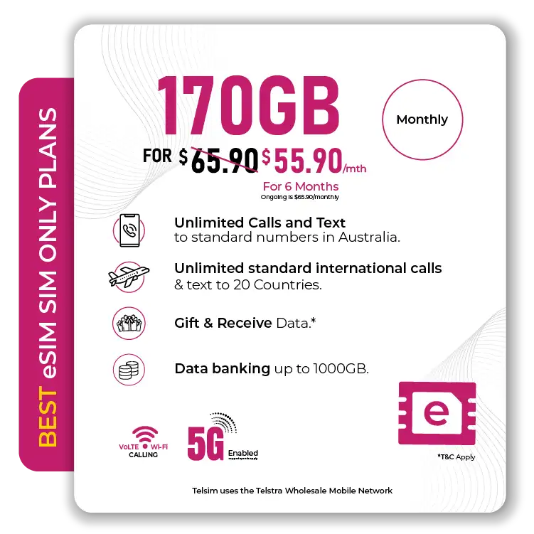 Telsim 170GB 5G eSIM Premium SIM Only Plan Deal - Telsim Telsim 170GB 5G Premium eSIM SIM Only Plan with 1000GB Data Bank for $5590