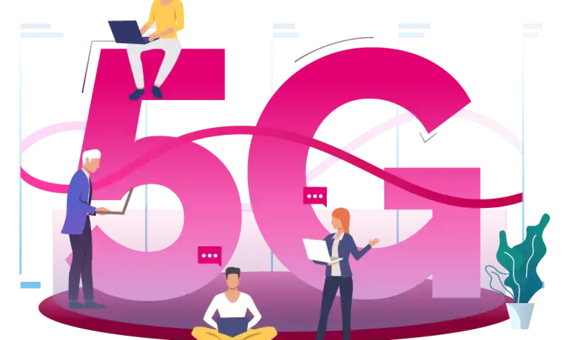 Illustration of people using digital devices with a 5G network symbol representing fast mobile connectivity.