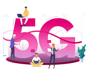 Illustration of people using digital devices with a 5G network symbol representing fast mobile connectivity
